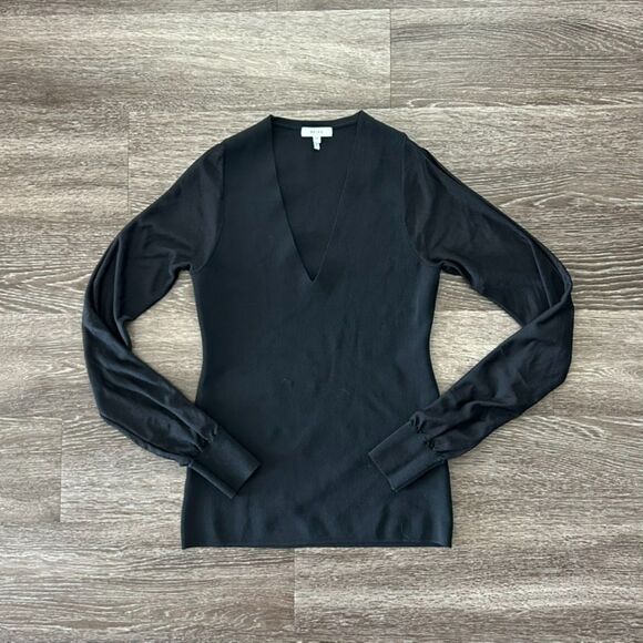 EUC Reiss Sophie Black Knit Top Medium Sheer Mesh Sleeve Pullover Sweater Chic - Picture 7 of 16